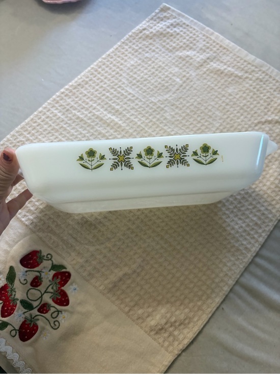 Anchor Hocking Other - Anchor Hocking Milk Glass Casserole with Olive Green Floral Motif